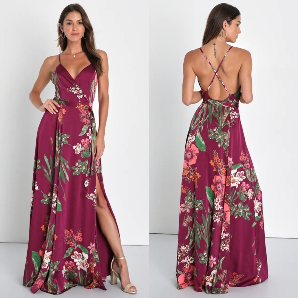 Lulus Still the One Burgundy Floral Print Satin Maxi Dress S Wedding Party